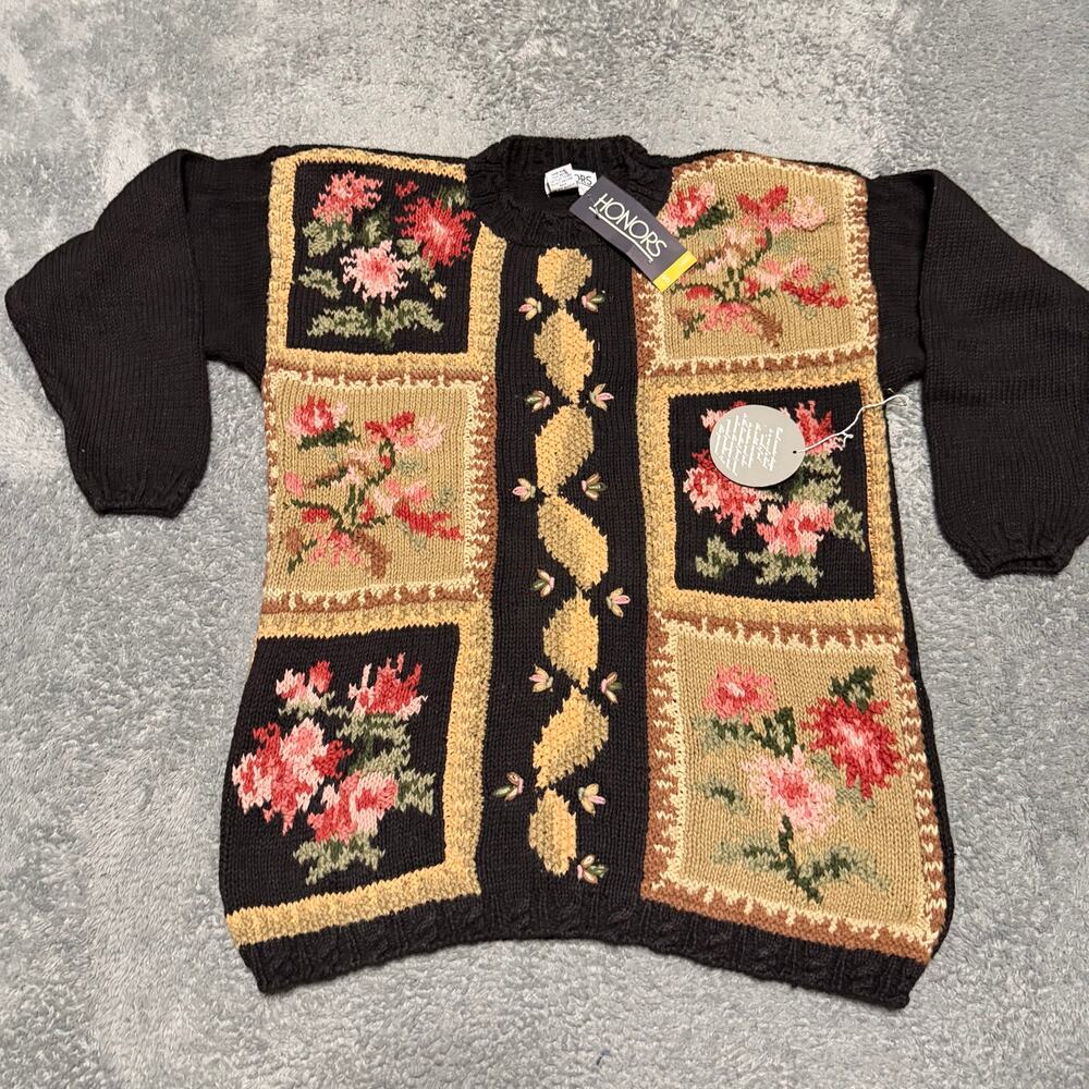 VTG Honors Sweater Womens Small Floral Embroidered 90s Black Boho Knit granny